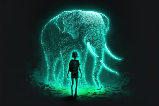 A young woman confronts a giant elephant with tusks that radiate a luminous green glow. Fantasy concept , Illustration painting. Generative AI