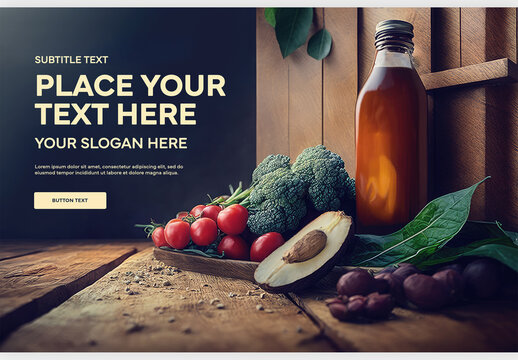 Bottle of Wine and Cherry Tomato Mockup with Broccoli and Avocado and Honey on a Wooden Surface Generative AI
