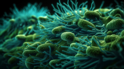 Fototapeta na wymiar In Focus, 3D Green Bacteria Under the Microscope. Generative AI