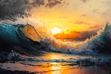 Abstract sunset surf  and sea wave lighting oil painting wall art Generative AI
