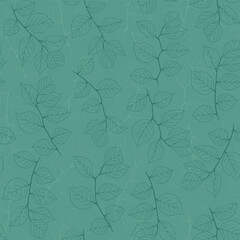 Seamless pattern with branches and leaves. Green background for textile, fabric. Floral hand-drawn vector backdrop.