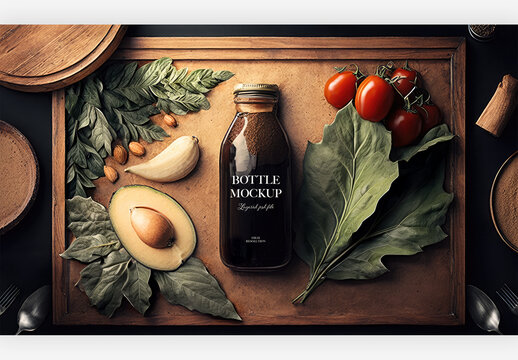 Top View of Green Vegetables Template with Avocado Next to a Bottle of Greens and Tomatoes on the Wood Surface Generative AI
