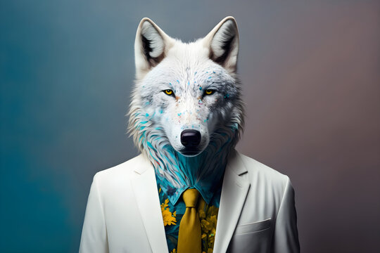The arctic fox: a business savvy predator, creative stock image of animals in business suit. Generative AI