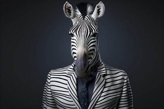 The zebra in a business suit - ready to tackle the corporate world, creative stock image of animals in business suit. Generative AI