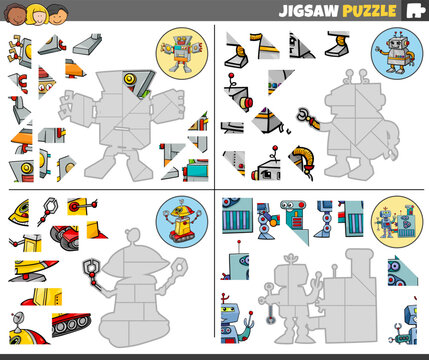 jigsaw puzzle games set with funny cartoon robots