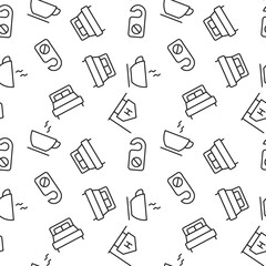 Seamless pattern of bed, coffee, door hanger, bed made of line icons