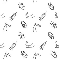 Seamless pattern of eye, syringe, bleeding nail is made of line icons