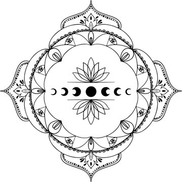 recommend clip art: illustration of a decorative ornament. Mandala with moon vector. Mandala line art.