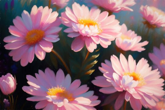 An artistic painting of pink flowers