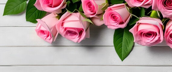 pink roses on wooden background, Generative AI