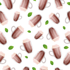 Seamless pattern with cocoa and coffee. Illustration in cartoon style.