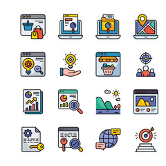 SEO Development And Marketing vector filled outline icon style illustration. EPS 10 File Set 1