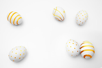 Top view. Easter chicken egg for religious holiday of Happy Easter on white background. copyspace. Golden pattern. Stripe, dot, line. Space for text. Greeting card for family. Gift. Minimalistic. Set