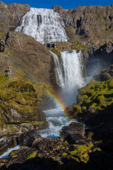 Dynjandi waterfall with rainbow  in Iceland, Western fjords, unbelievable waterfall, love travel 