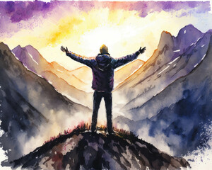 A person standing atop a mountain their arms stretched out as they let out a triumphant shout as the sun crests Zodiac Astrology concept. AI generation.