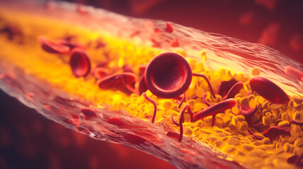 clogged arteries with cholesterol plaque, artery with blood flow obstructed by cholesterol Generative AI 