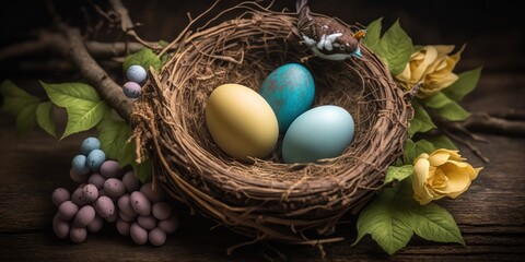 Fototapeta na wymiar Easter nest with Easter eggs on wood background as digital illustration (Generative AI)