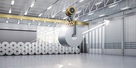 3d rendering of roll steel, stainless or galvanized steel coil inside factory, store or warehouse....