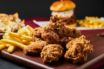 Close up fried chicken wings and a side of fries on a wooden cutting board