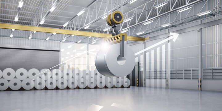 3d rendering of roll steel, stainless or galvanized steel coil inside factory, store or warehouse. Include overhead crane, increase bar chart or graph. Concept of growth profit, steel price and trend.
