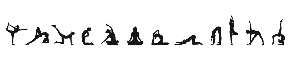 12 silhouette girls set doing sport exercise stretching in different poses in black color on white background in line  