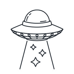 UFO Futuristic toy alien spaceship. The unknown flying object on isolated white background. Vector illustration line cartoon drawing design.