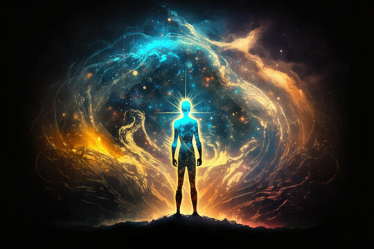 A figure stands boldly amidst the stars gathering the cosmic energy with every breath wise and vigilant. Zodiac Astrology concept. AI generation.