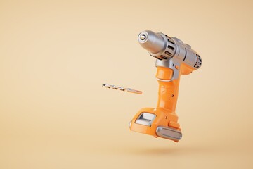electric drill orange and drill on a pastel background. 3D render