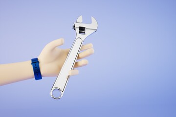 repair tools. a hand in which is an adjustable wrench on a blue background. copy paste, copy space. 3D render