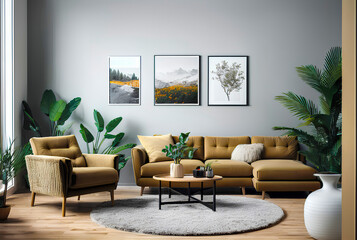 Contemporary living room with yellow honey sofa, armchair, rug, coffee table, green plants and posters on wall. Copy space template. Generative AI