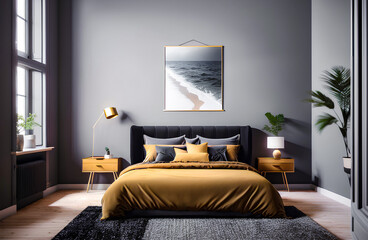 Grey bedroom interior with Double bed with black headboard and yellow bedding. Poster on the wall. Generative AI