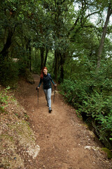 Fototapeta na wymiar Female traveler hiking amidst trees