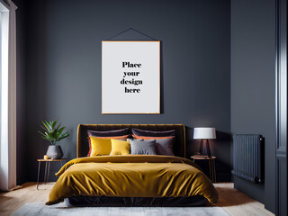 Dark grey wall in bedroom, yellow ginger bed and big poster in frame on the wall. Illustration created with AI technology.