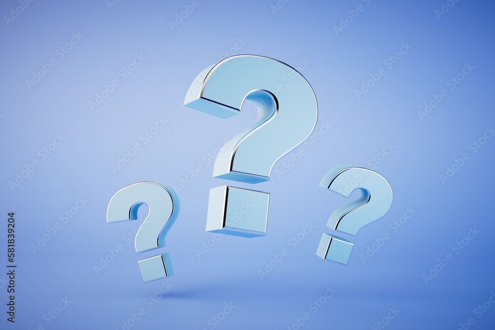 Aufkleber question marks of different sizes flying across the blue background. 3d render