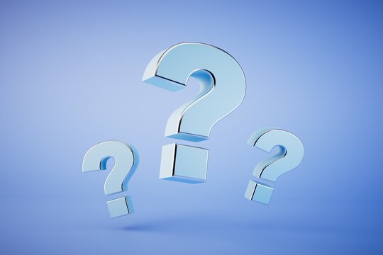 Question marks of different sizes flying across the blue background. 3D render