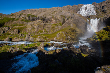 Naklejka na ściany i meble Dynjandi waterfall with rainbow in Iceland, Western fjords, unbelievable waterfall, love travel 