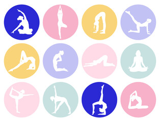 12 icons silhouette of girls set doing yoga sport exercises in different poses and in blue, pale pink, pale green, pale purple, yellow circles on white background for apps
