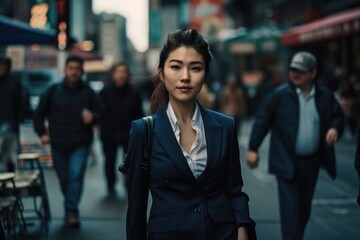 Fototapeta premium Elegant business lady walking down the busy street, generative AI