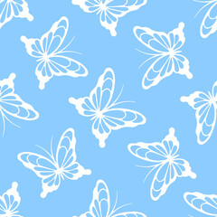 Obraz na płótnie Canvas White lace butterflies on blue background. Vector seamless pattern. Best for textile, print, wallpapers, and wedding decoration.