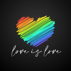 Love is love. LGBT lettering. Black template with white letters and rainbow colored gradient heart.