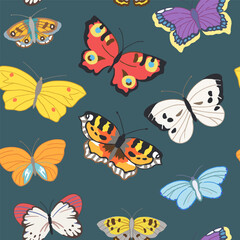 Fototapeta na wymiar Seamless pattern of flying butterflies in red, yellow, white, orange and other colors. Vector illustration in vintage style on a white background.