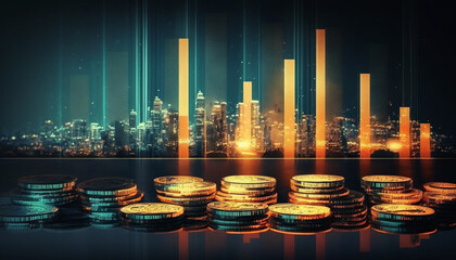 Digital virtual concept. Abstract virtual stats data hologram on cityscape background. Multi exposure by generative AI