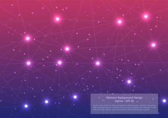 Abstract background design, illustrated vector of connected dots and line on gradient background, low polygon style in theme of star lines, magenta and purple color tone