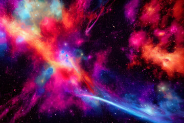 Obraz na płótnie Canvas A vibrant and colorful design featuring an explosion of cosmic elements like stars, galaxies, and nebulas. Generative AI