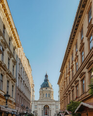 Vertical of Saint Stephen's Basilica on Zrinyi street in Budapest, Hungary