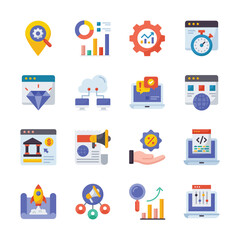 SEO Development And Marketing vector filled outline icon style illustration Set 4