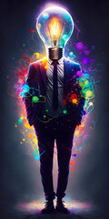 Abstract art. Colorful painting art of light bulb in business suit. Business concept. Generative AI.