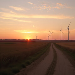 wind turbines at sunset