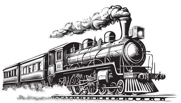 Retro Steam Train hand drawn sketch illustration