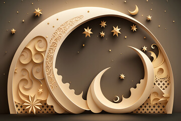Ramadan Kareem card with 3d golden metal crescent and stars. Arabic style made with Generative AI